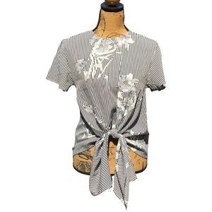 Style Envy Tie Front Black and White Stripe Floral Blouse Sz S
